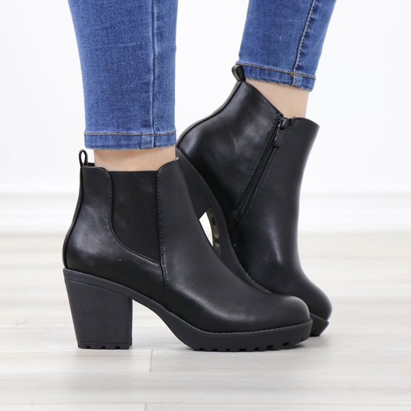 Shoes - Chelsea Chunky Block High Heel Ankle Boots Black Synthetic Leather
